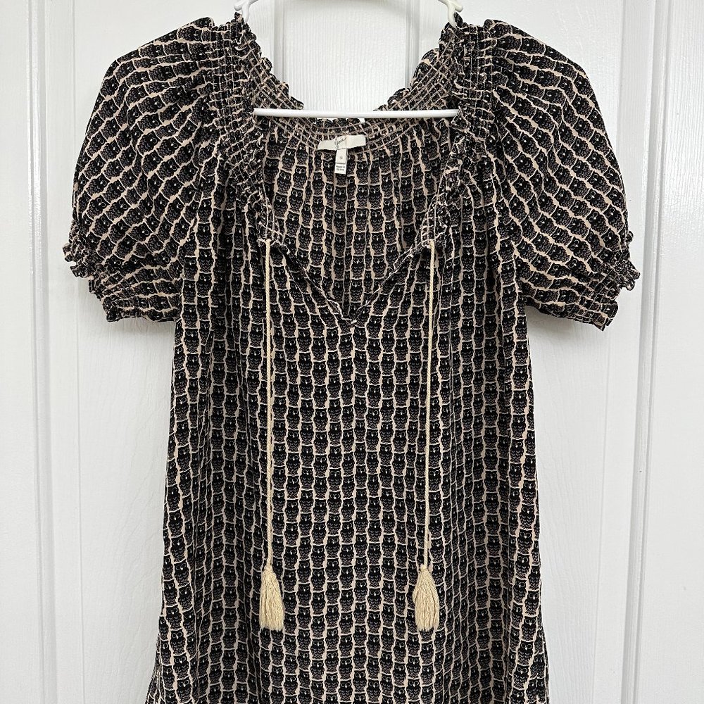 Joie Silk Masha Peasant Top Blouse Owl Print Size Small